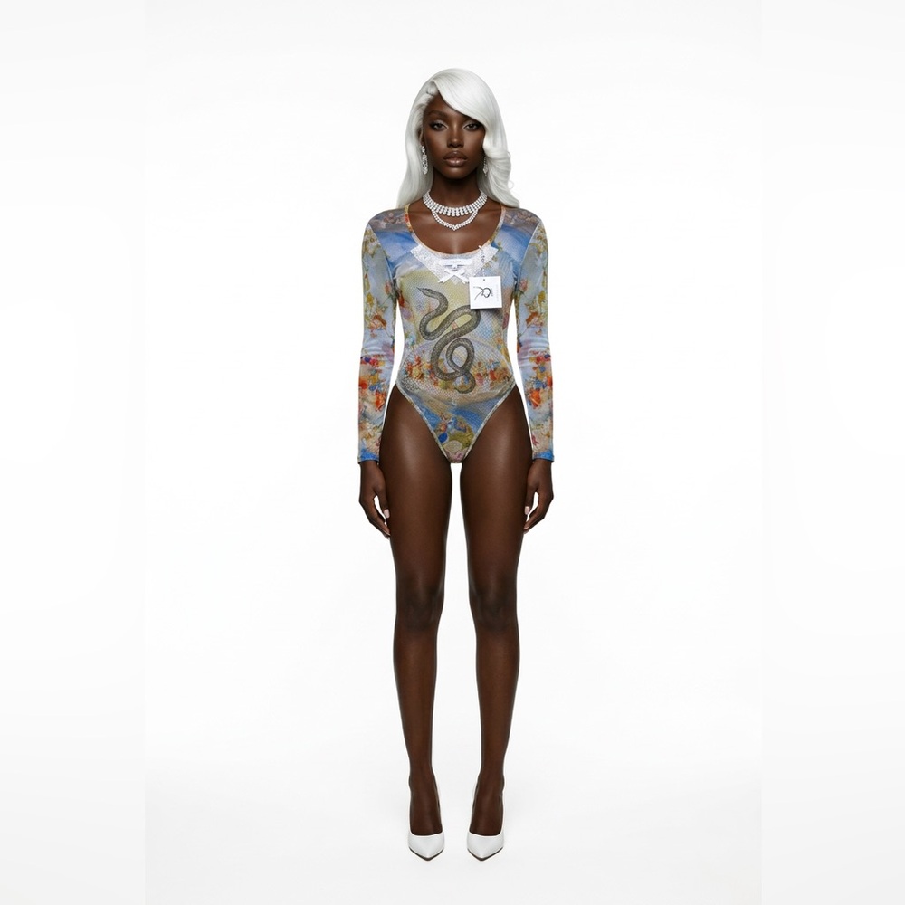 PLAYBOY Blue Multi Long-Sleeve Snake Print Bodysuit sexy new